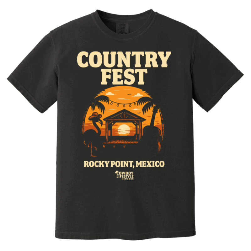 Black t-shirt featuring a sunset design with palm trees, flamingo, guitar, and a beachside stage with the text "Country Fest Rocky Point, Mexico"