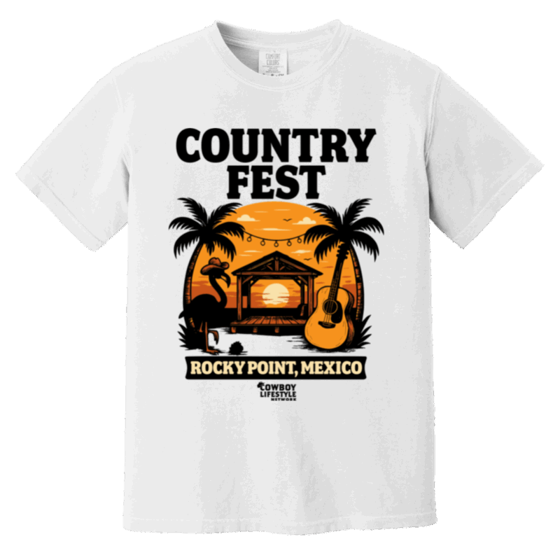 White Country Fest Rocky Point t-shirt featuring a sunset design with palm trees, a flamingo, a guitar, and a beach stage