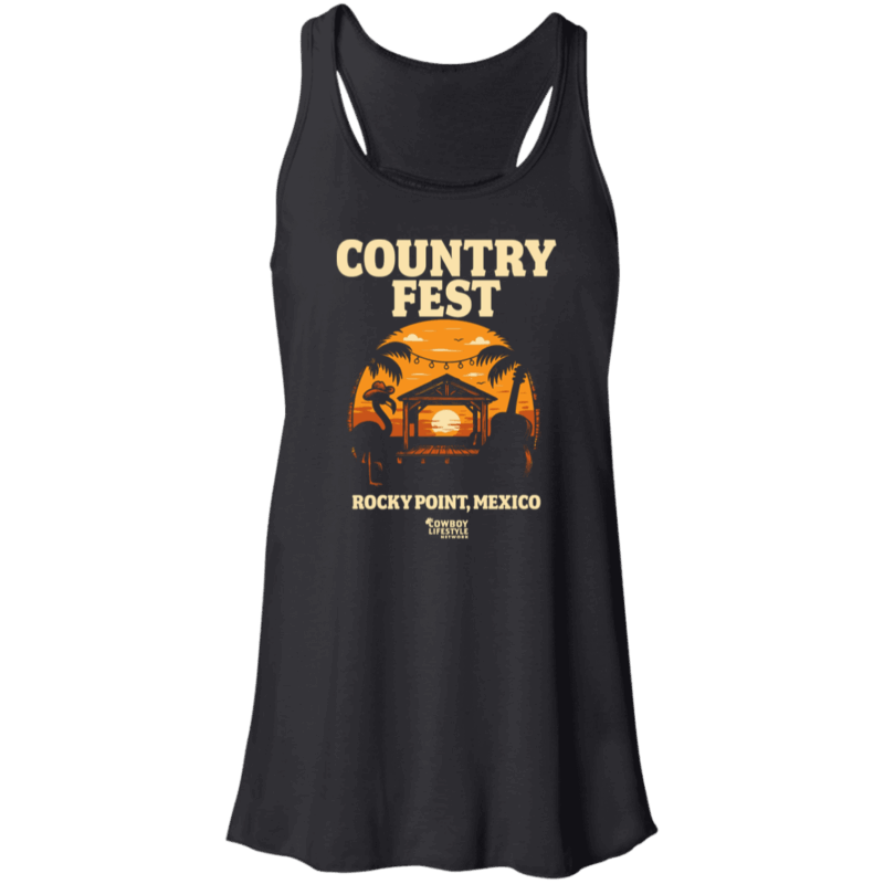 Black tank top featuring a sunset design with palm trees, flamingo, guitar, and a beachside stage with the text "Country Fest Rocky Point, Mexico"