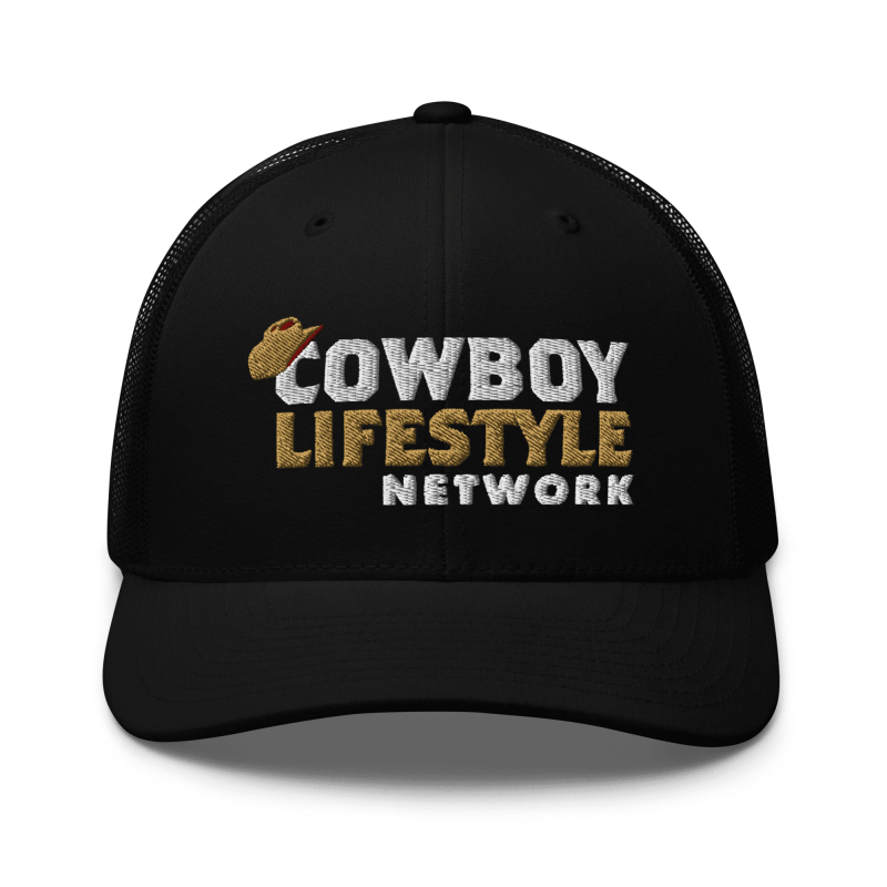 cowboy lifestyle network black embroidered trucker hat with white and brownish gold stitching on the front