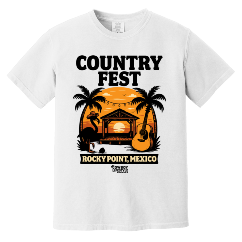 White Country Fest Rocky Point t-shirt featuring a sunset design with palm trees, a flamingo, a guitar, and a beach stage