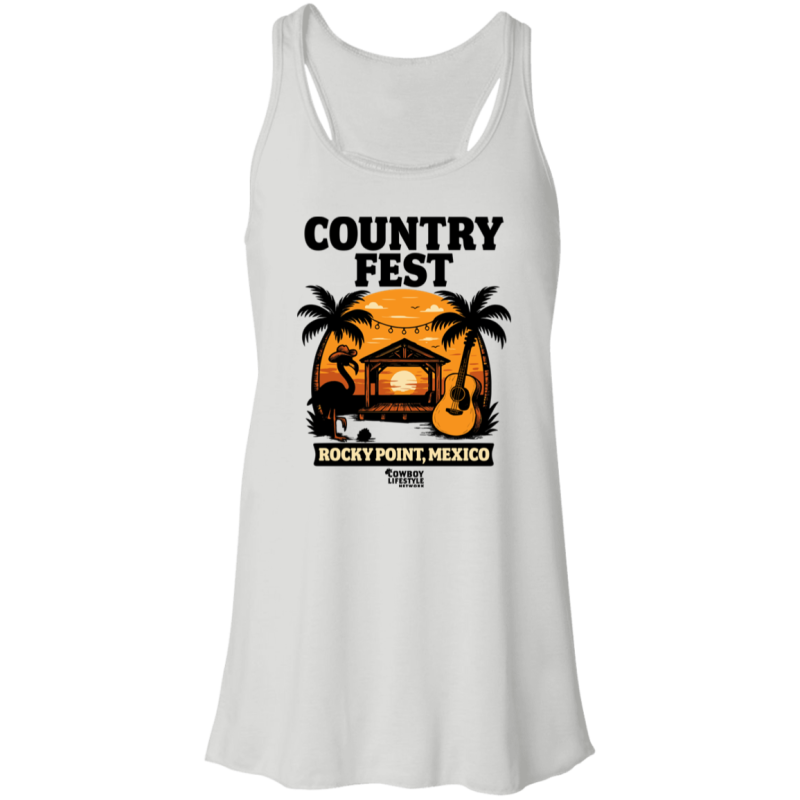 White tank top featuring a sunset design with palm trees, flamingo, guitar, and a beachside stage with the text "Country Fest Rocky Point, Mexico"